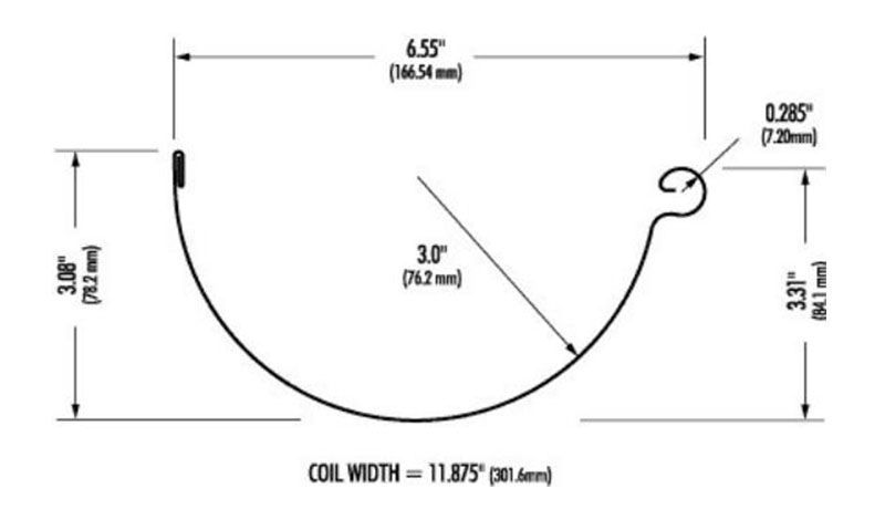 Technical drawing of a curved U-shaped channel with dimensions labeled in inches and millimeters.