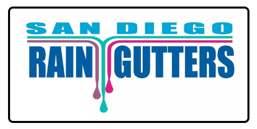 San Diego Rain Gutters logo in blue and teal with stylized pink gutter design