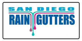 San Diego Rain Gutters logo in blue and teal with stylized pink gutter design