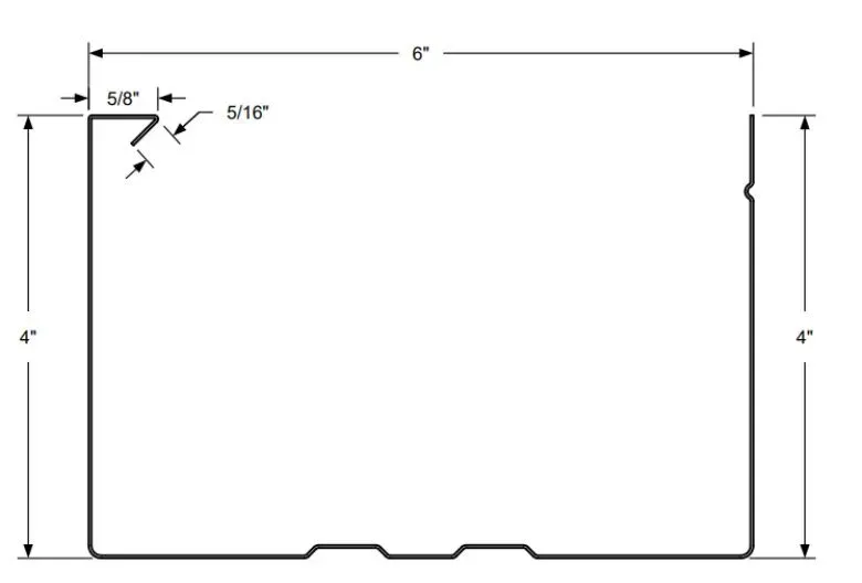 Dimensioned line drawing of a rectangular tray with cut corner and two bottom notches, labeled 6 by 4 inches.