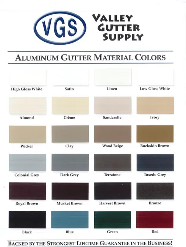 Valley Gutter Supply aluminum gutter color chart with 16 labeled color swatches
