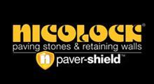 A logo for nicolock paving stones and retaining walls paver shield.