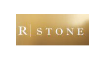 The logo for r stone is a gold square with white letters on a white background.