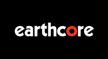 The earthcore logo is white and red on a black background.