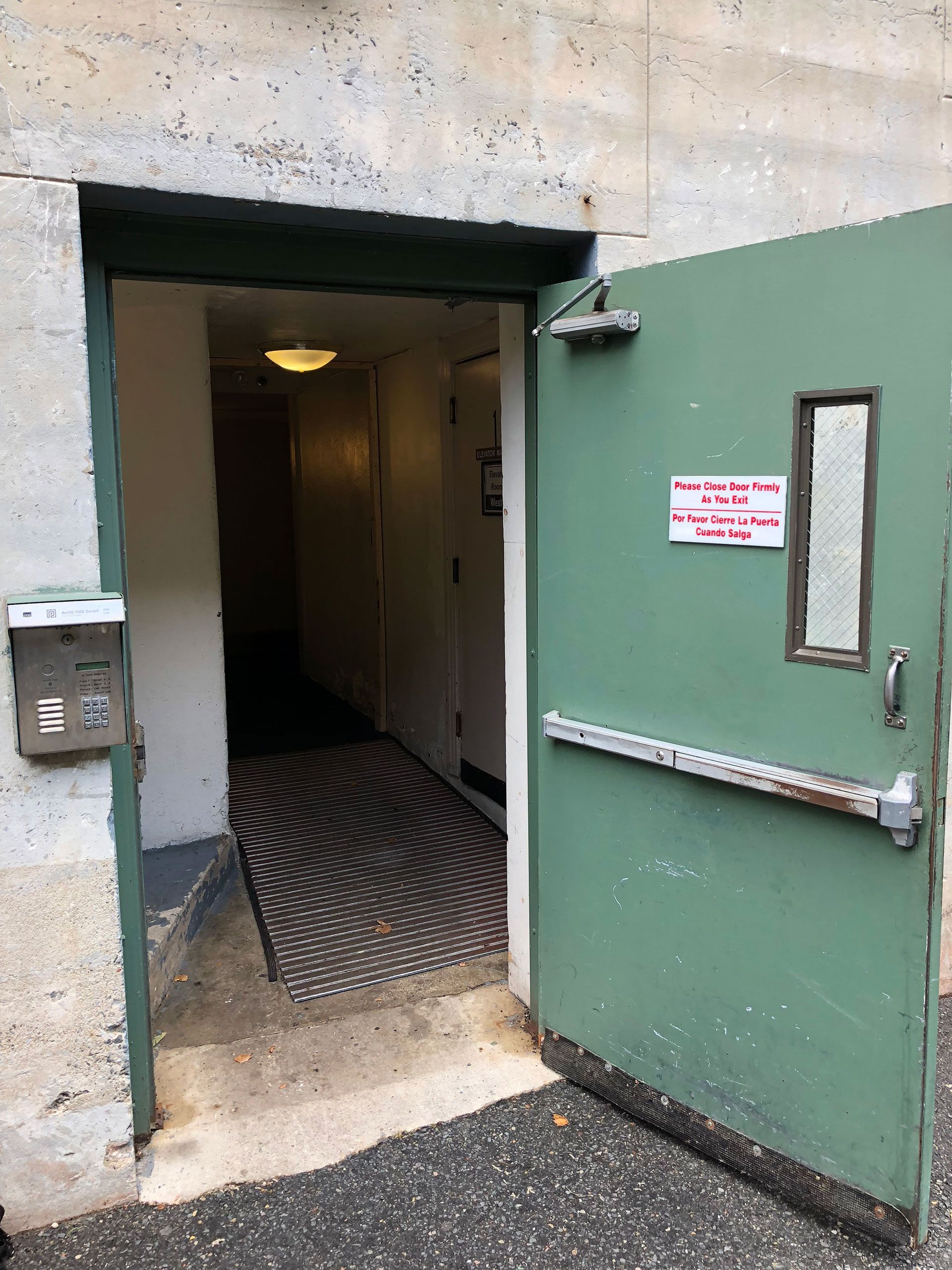 A green door is open to a hallway with a mailbox in the background
