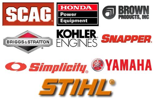 Logos of various outdoor power equipment brands, including SCAG, Honda, Kohler, Stihl, and Yamaha.