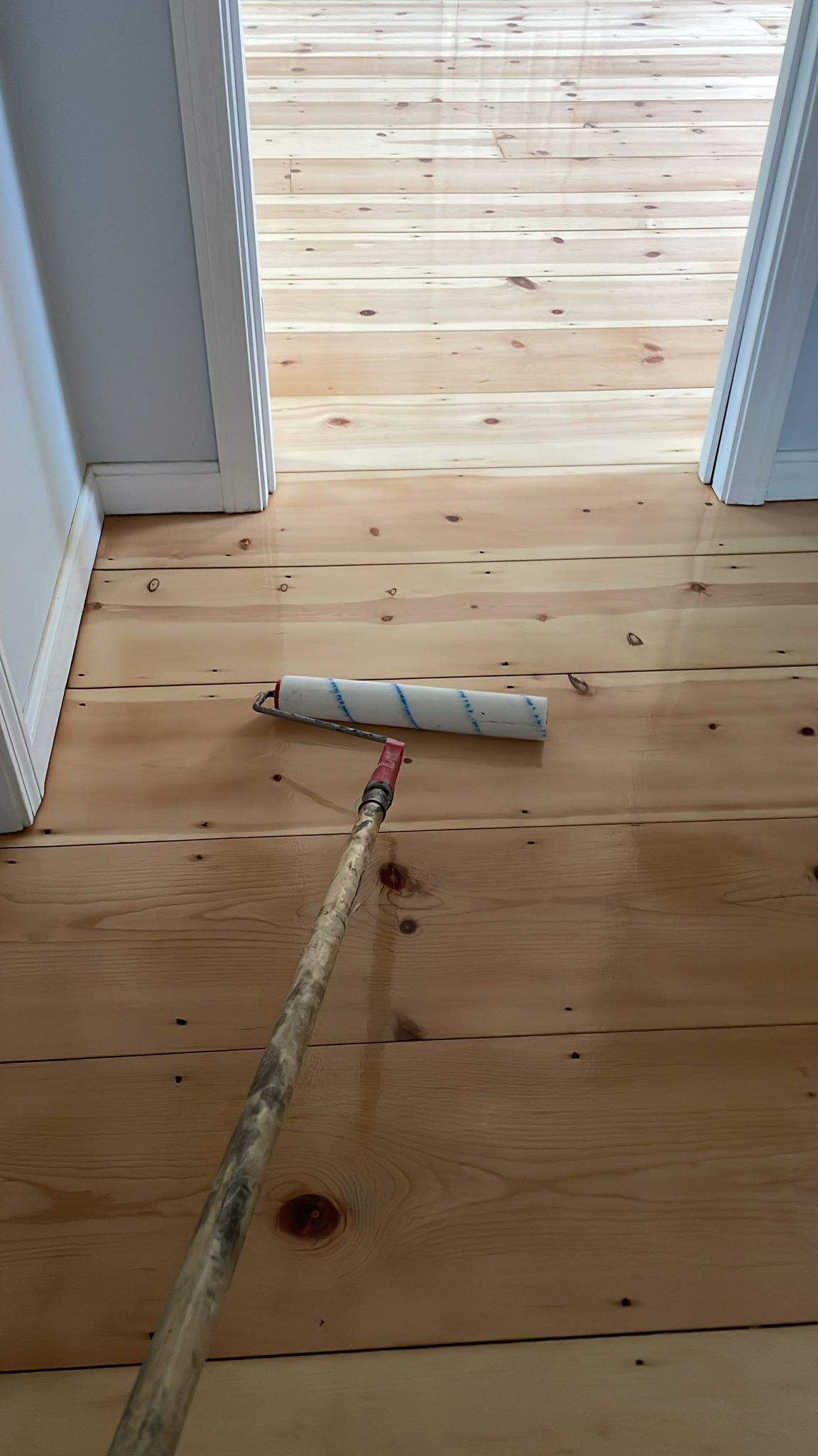 A roller is being used to paint a wooden floor.