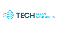 Logo for Tech Clean California: turquoise leaf and waves next to dark teal