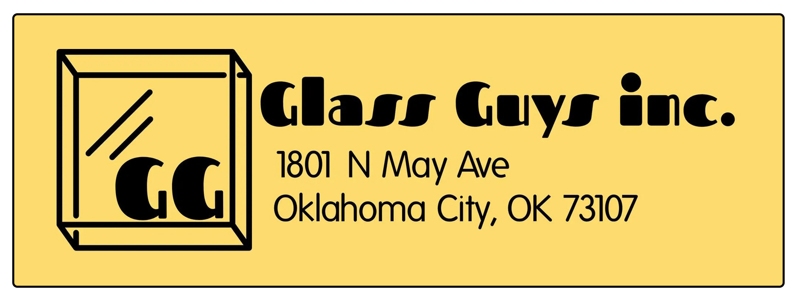 Logo for Glass Guys Inc. with black text, yellow background, and an address in Oklahoma City, OK.