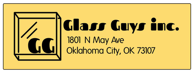 Logo for Glass Guys Inc. with black text, yellow background, and an address in Oklahoma City, OK.