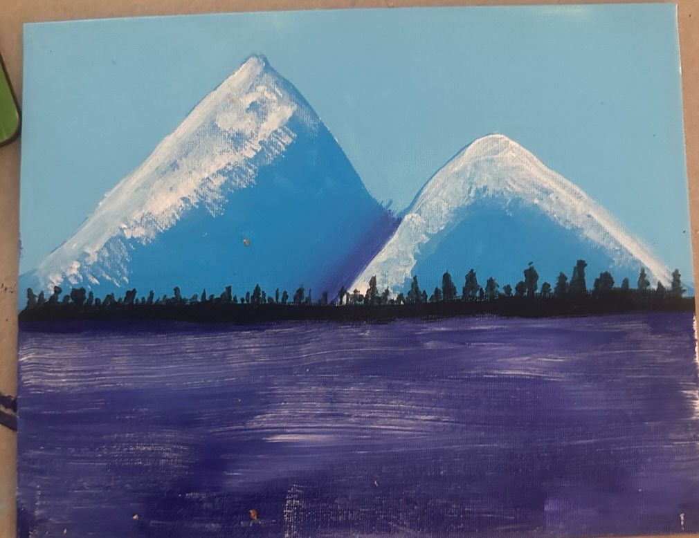Painting of snow-capped blue mountains above a forest line and reflective purple water, under a light blue sky.