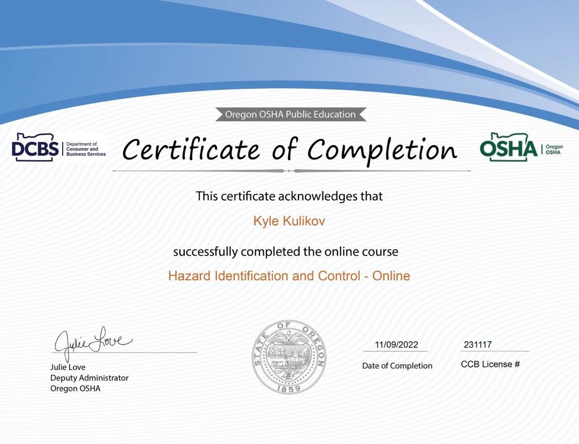 A certificate of completion for a hazard identification and control course
