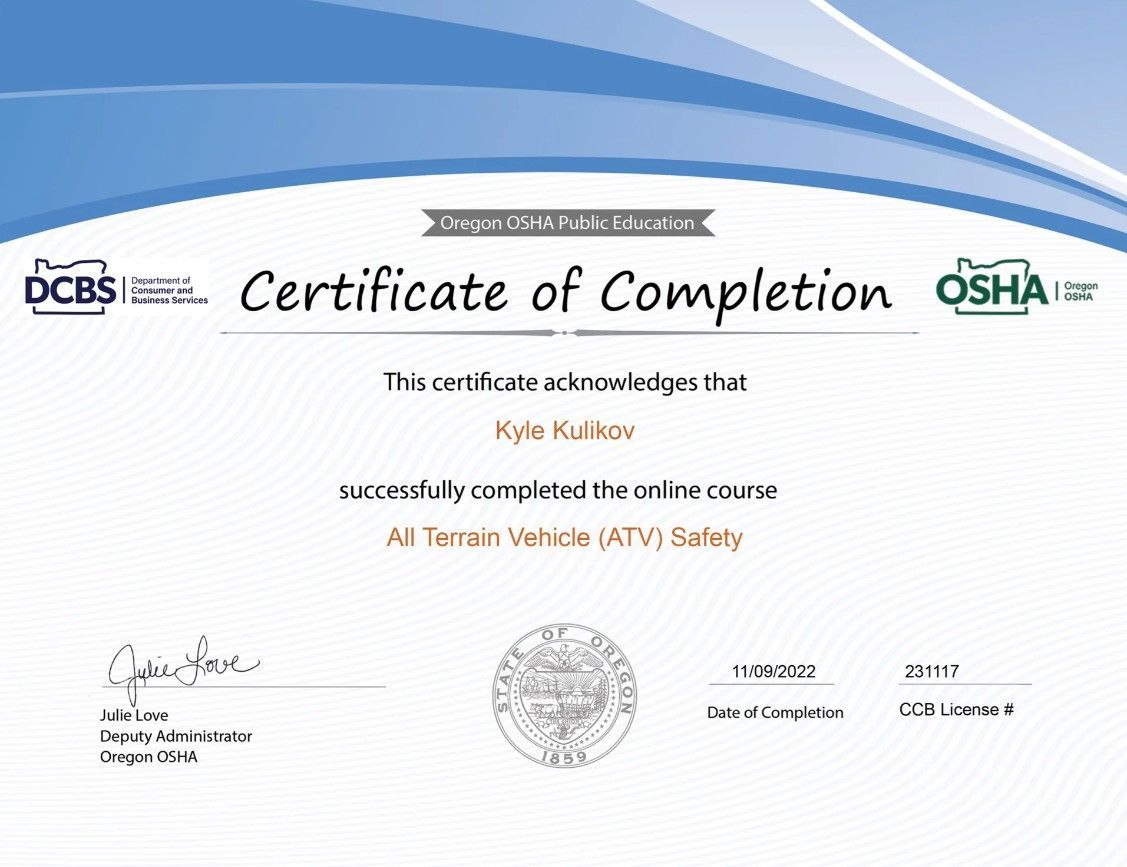 A certificate of completion is on a blue and white background.