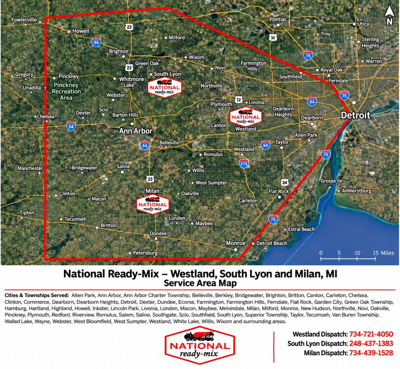 Map showing National Ready-Mix service area around Westland, South Lyon, and Milan, MI, outlined in red.