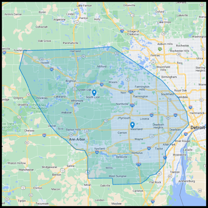 Map showing a blue shaded service area covering the western suburbs of Detroit, Michigan, with two marked locations.