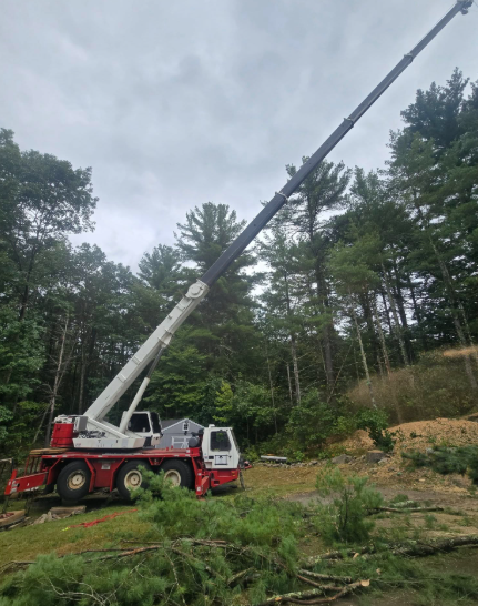 Red crane truck with extended boom in a wooded clearing under cloudy sky