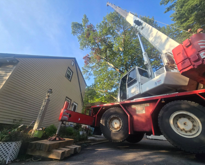 Red crane truck lifting near a beige house under trees on a sunny day