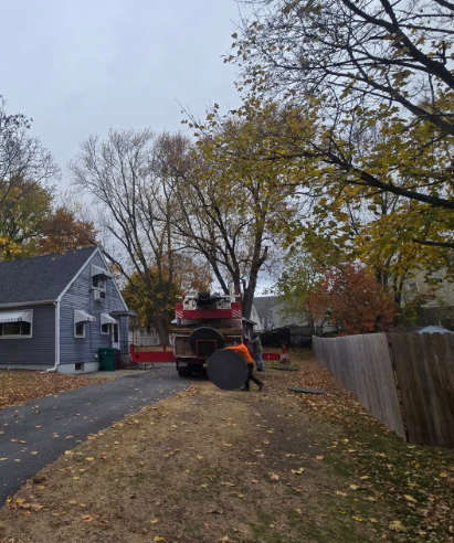 Backyard with a worker using a machine near a house, fence, and autumn trees
