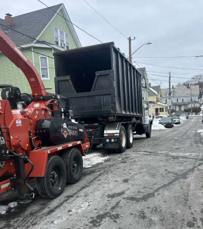 Red wood chipper beside a black dump truck on a snowy residential street with parked cars and houses