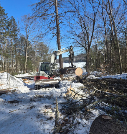 Excavator clearing logs in a snowy forest under a bright blue sky