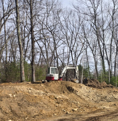 Excavator and dump truck on a dirt construction site with bare trees in the background