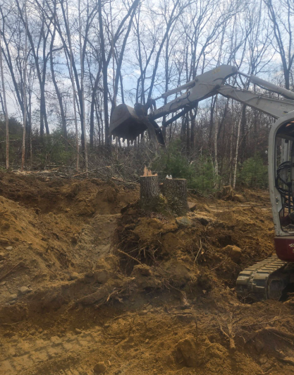 Excavator digging a muddy hillside in a wooded area with bare trees