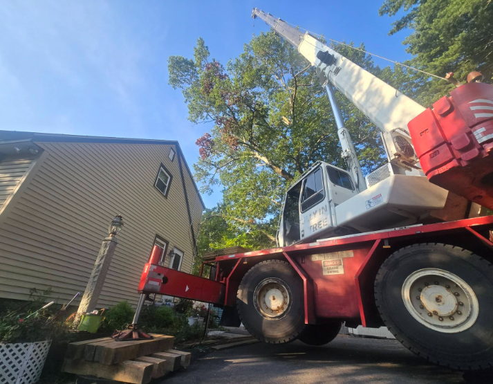 Red crane truck lifting debris beside a house, with a raised boom and blue sky overhead.