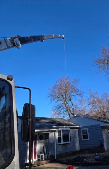 Crane arm holding a dangling cable above a blue house under a clear sky