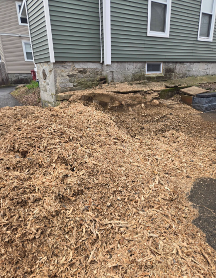 House foundation surrounded by fresh wood chips and bare soil near the siding