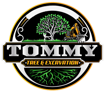 TOMMY Tree & Excavation logo with a tree, excavator, and black, gold, and white circular design