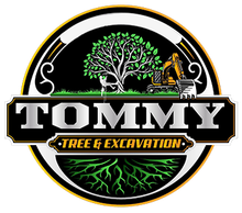 TOMMY Tree & Excavation logo with a tree, excavator, and black, gold, and white circular design