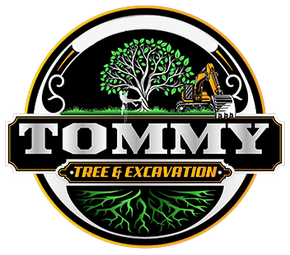 TOMMY Tree & Excavation logo with a tree, excavator, and black, gold, and white circular design