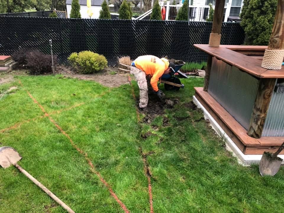 A man is digging in the grass in a backyard.