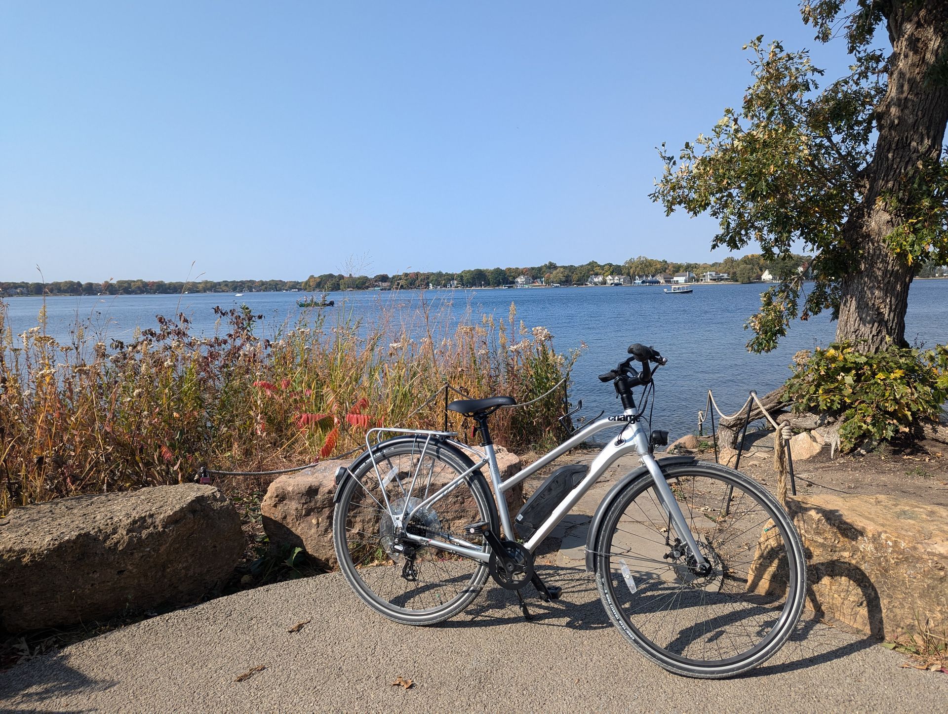 A bicycle is parked on the side of the road next to a body of water.
