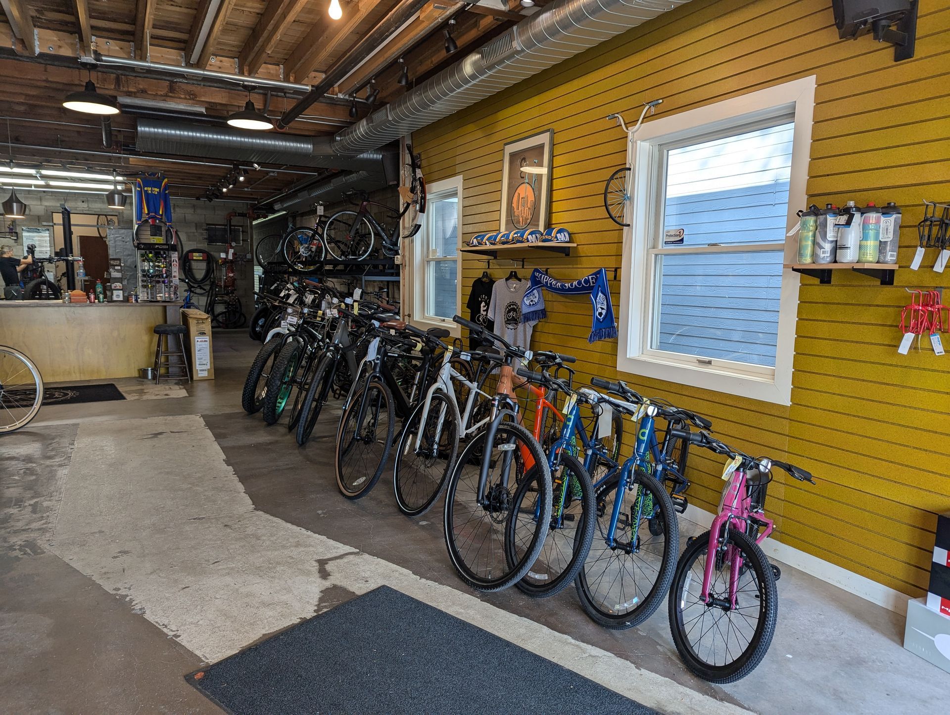 A row of bicycles are lined up in a bicycle shop.