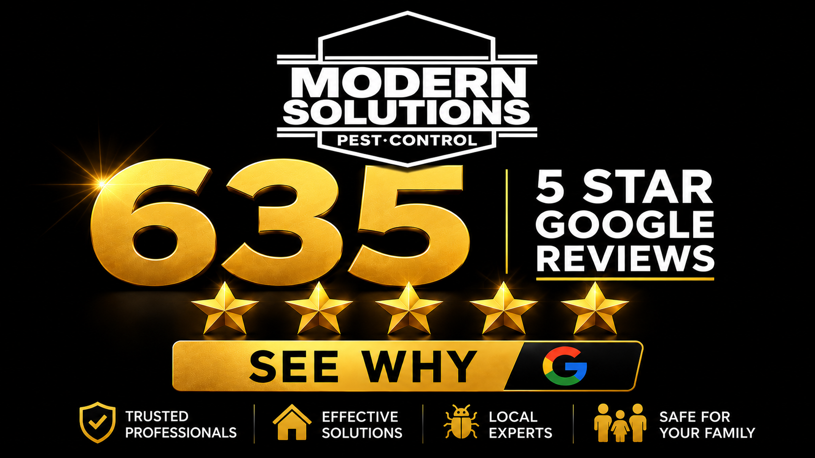 Modern Solutions Pest Control ad showing 63 5-star Google reviews and a See why button