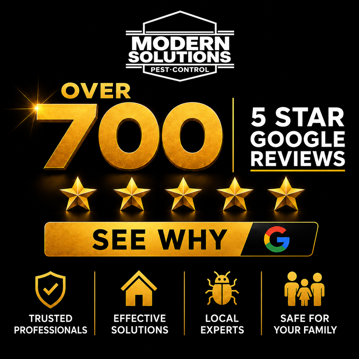 Modern Solutions Pest Control ad: over 700 5-star Google reviews, see why, with service icons