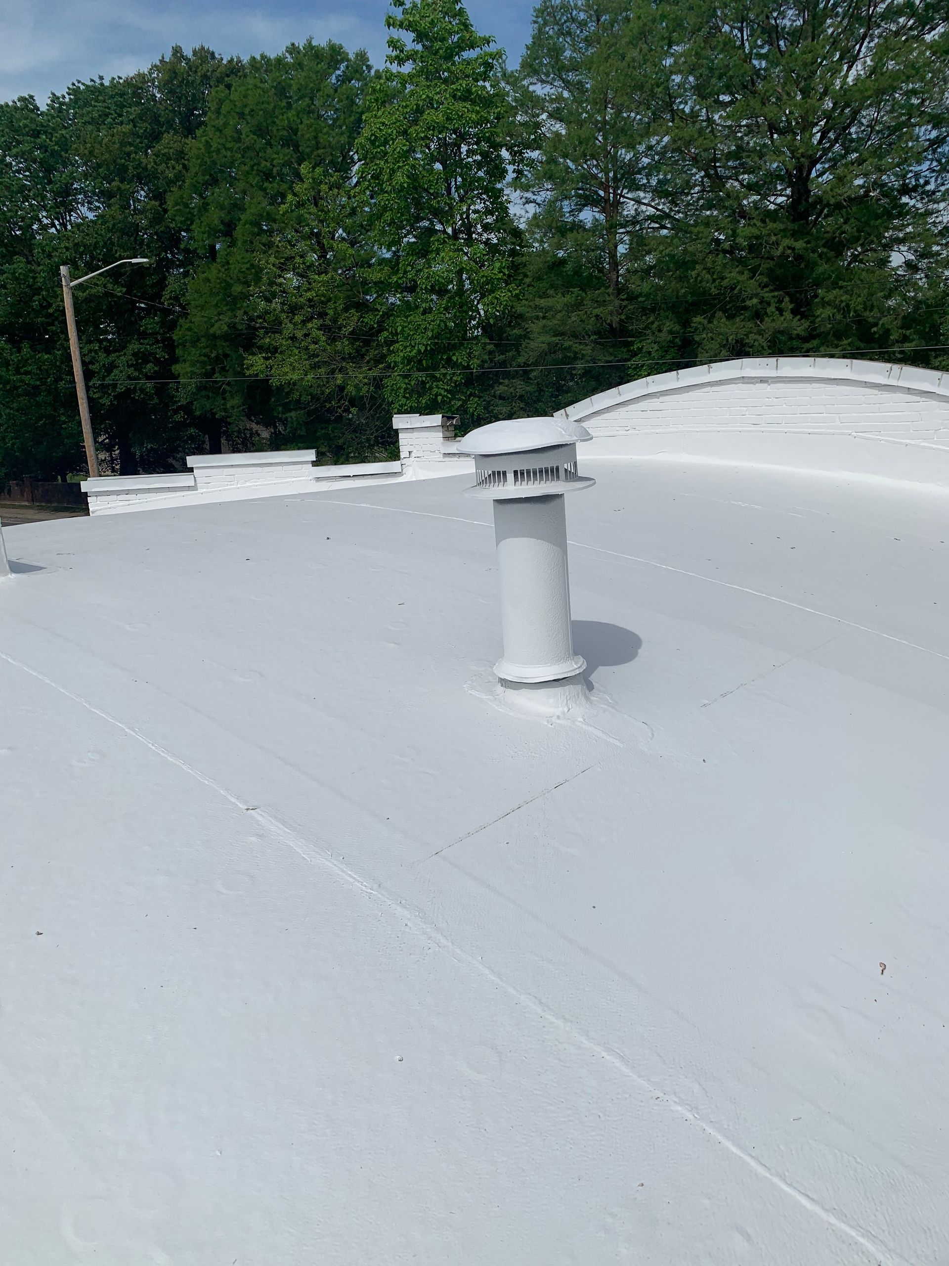 A white roof with a chimney on top of it and trees in the background.
