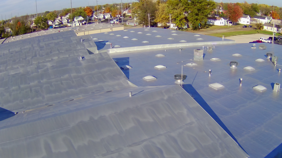 An aerial view of the roof of a building