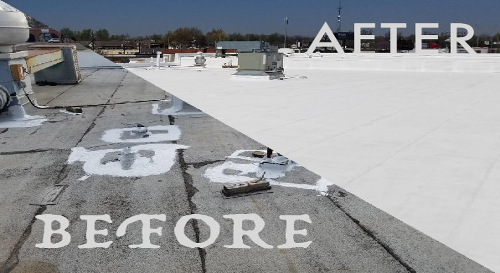 A picture of a roof before and after being painted white