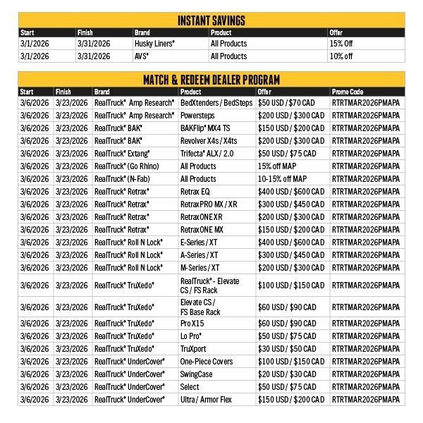 A table listing 2026 Instant Savings and Match & Redeem Dealer Program offers for various automotive products and brands.