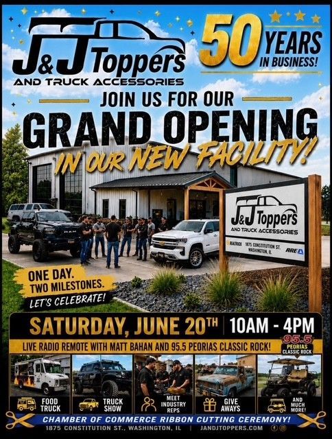 J&J Toppers grand opening flyer with blue sky, white truck, and June 20 event details