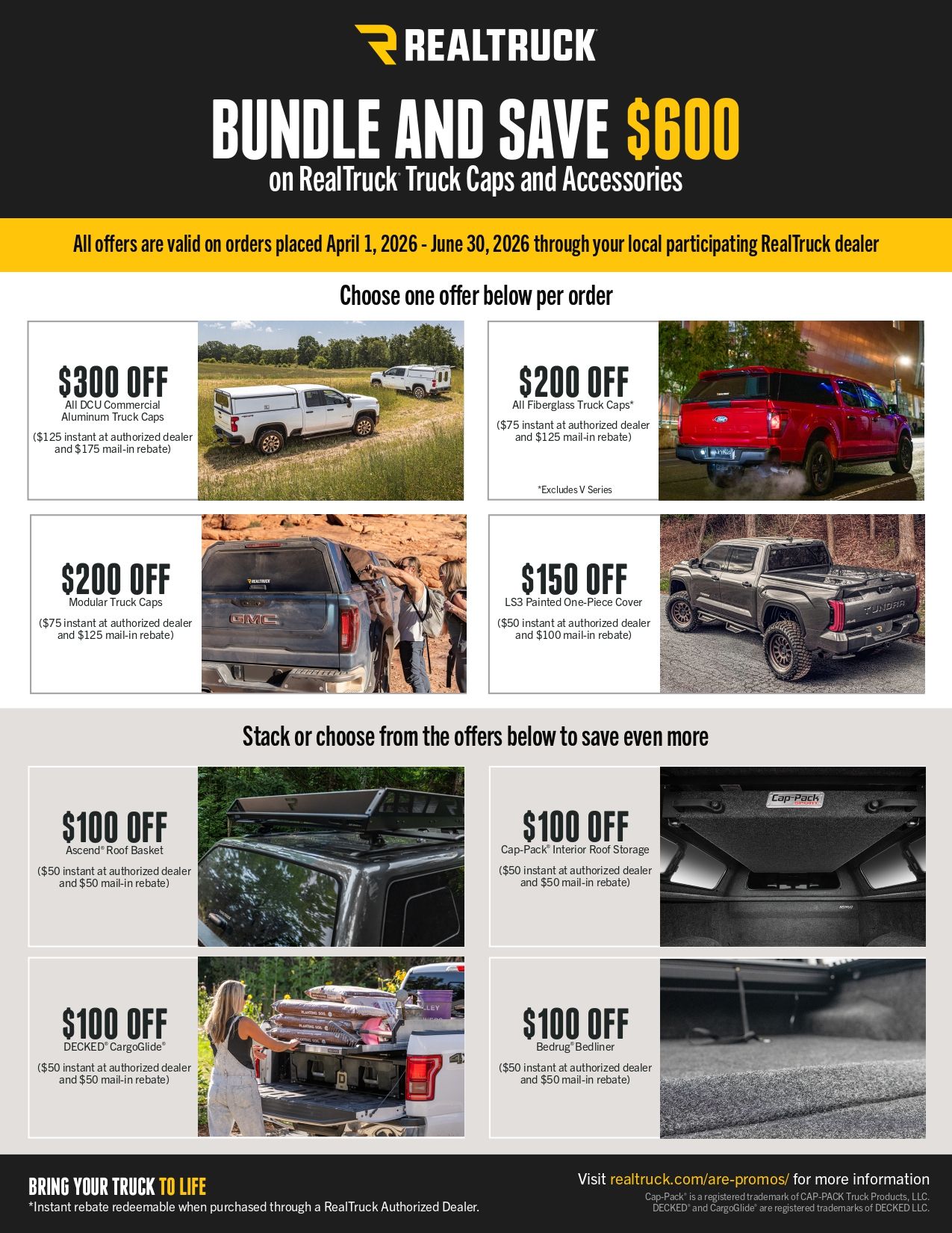 Promotional flyer from RealTruck offering up to $600 off bundles for truck caps, bed covers, and various vehicle accessories.