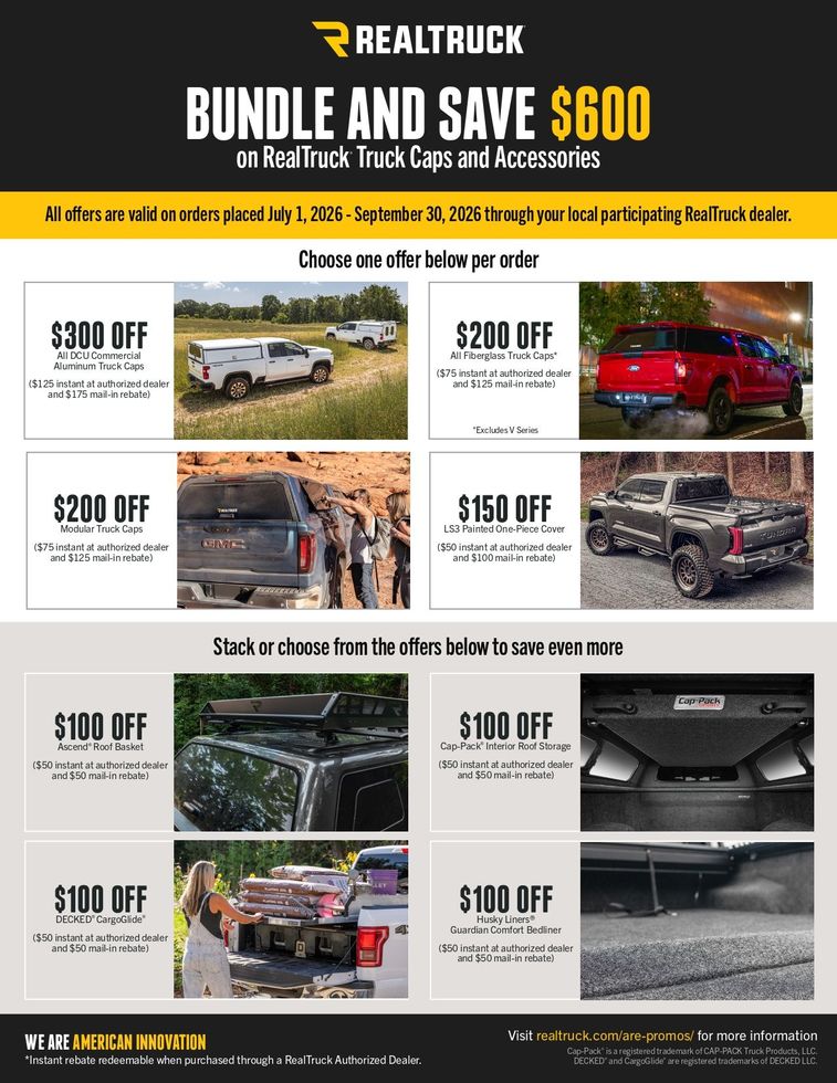 Promotional flyer from RealTruck offering up to $600 off bundles for truck caps and various vehicle accessories.