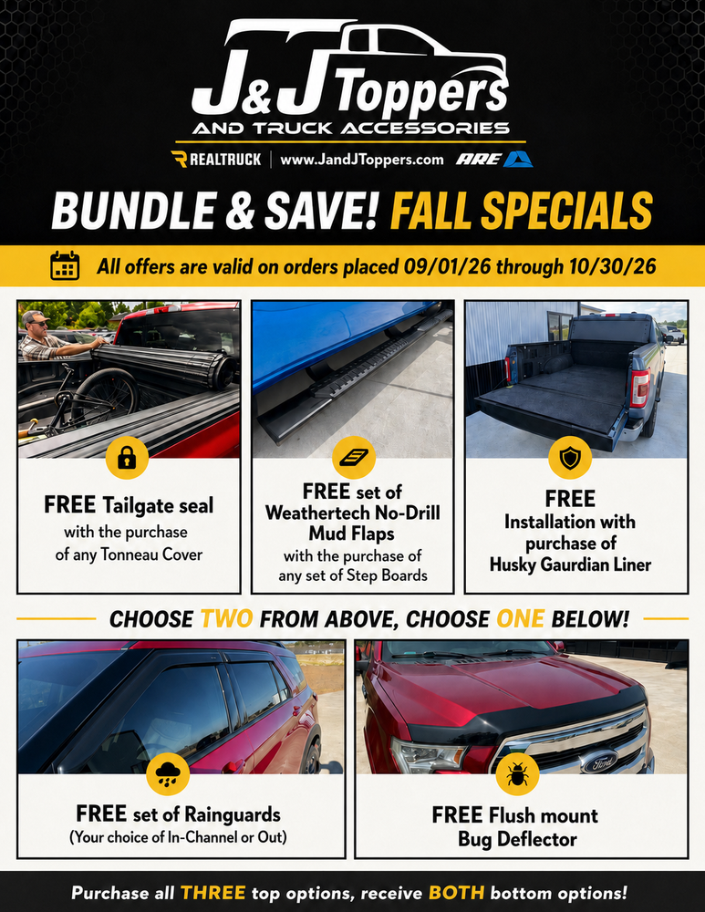 J&J Toppers fall specials ad with truck bed cover deals and free add-ons, in black, yellow, and orange.