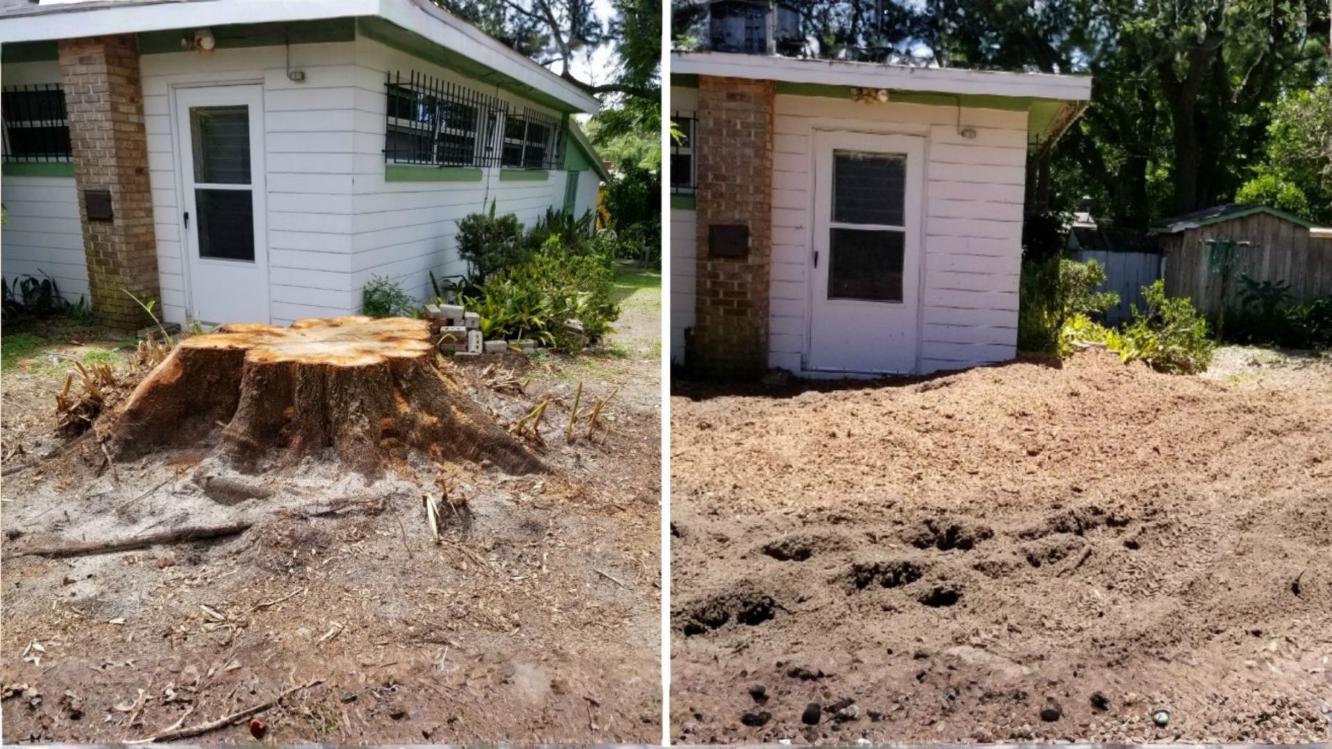 Before-and-after view of a yard with a large tree stump removed, leaving a flat dirt area beside a small house