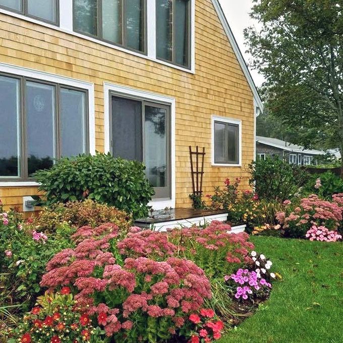 Yellow shingled house with lush garden. Pink and red flowers in a grassy yard.