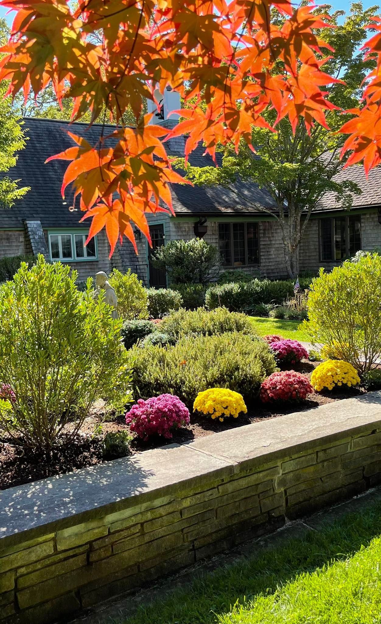 Garden bed with colorful mums and red maple leaves framing a stone building.