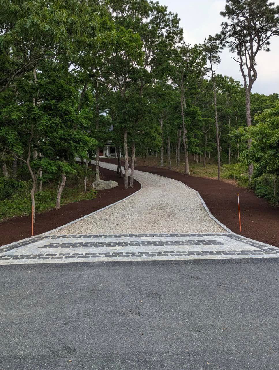 Gravel driveway winding through a forest, leading to a house in the distance.