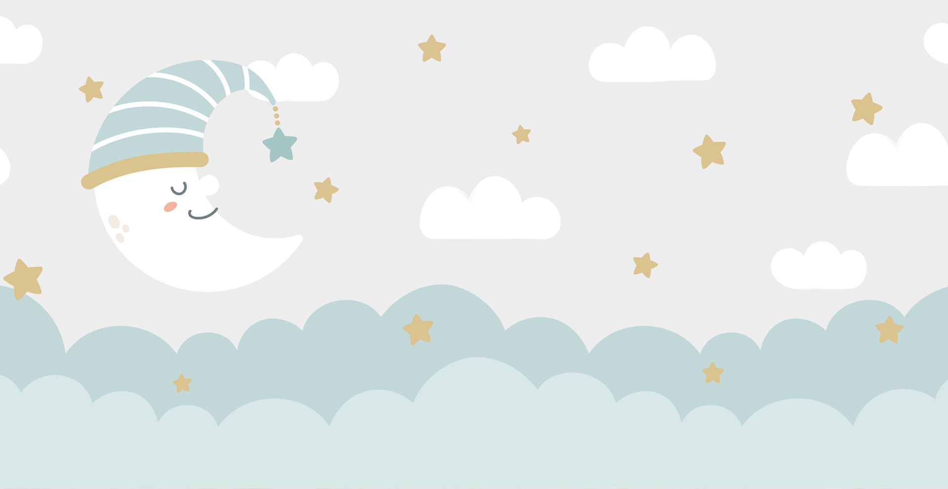 Smiling moon in a blue striped hat, floating amongst stars and clouds, on a light gray background.